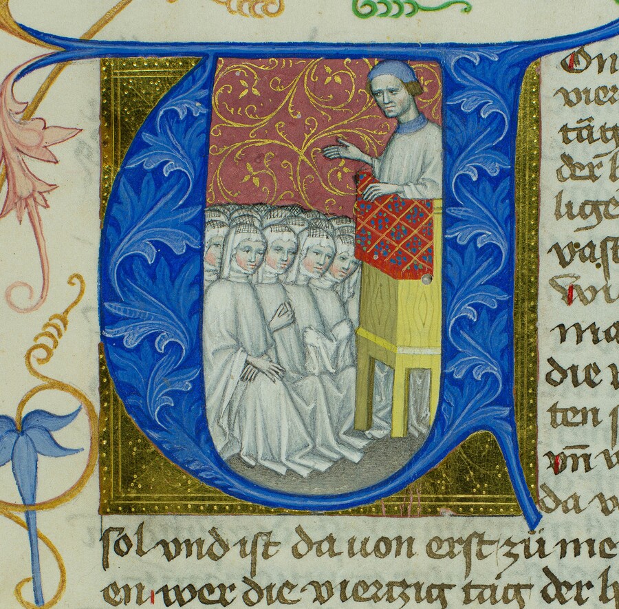 Nikolaus von Dinkelsbühl predigt vor Chorfrauen, Handschrift aus dem 15. Jahrhundert (CCl. 48, fol. 1r)