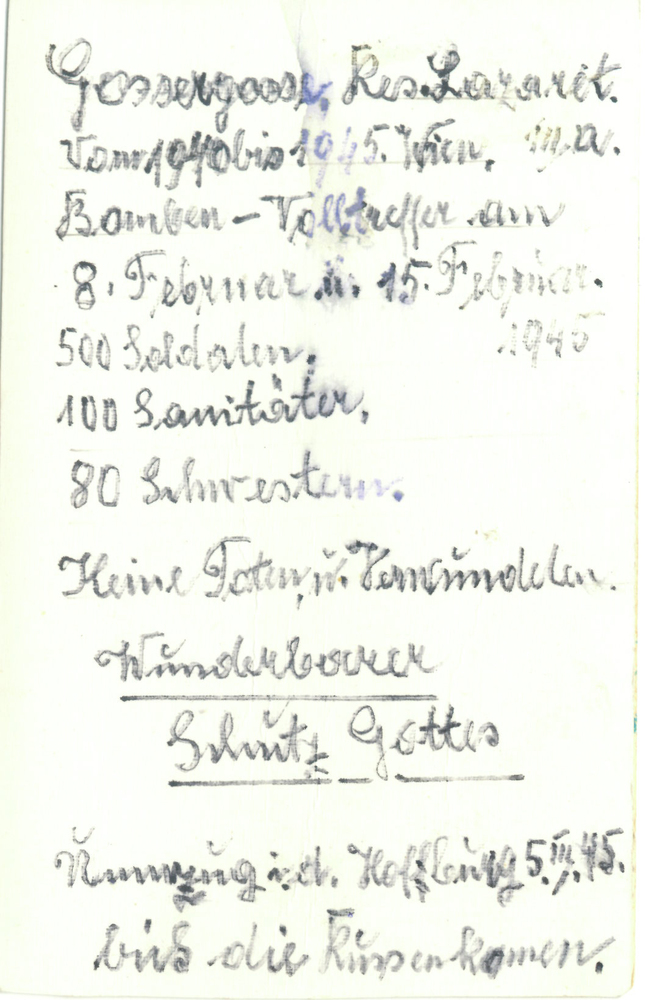 Notiz Schwestern zur Bombadierung / Orthopädisches Spital Speising Notiz Schwestern zur Bombadierung