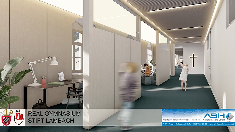 Auf den Gängen des Realgymnasiums Lambach sollen im Zuge der Generalsanierung zusätzliche Lernzonen und Teilungsräume entstehen. / ABH Generalplanung GmbH Auf den Gängen des Realgymnasiums Lambach sollen im Zuge der Generalsanierung zusätzliche Lernzonen und Teilungsräume entstehen.